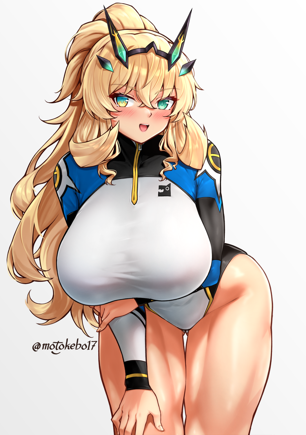 1girl, barghest_(fate), barghest_(over_the_same_sky)_(fate), blonde_hair, blue_wetsuit, blush, breasts, fate/grand_order, fate_(series), green_eyes, highleg, highres, horns, large_breasts, leaning_forward, long_hair, long_sleeves, looking_at_viewer, motokebo17, multicolored_wetsuit, open_mouth, ponytail, smile, solo, thick_thighs, thighs, toned, white_wetsuit