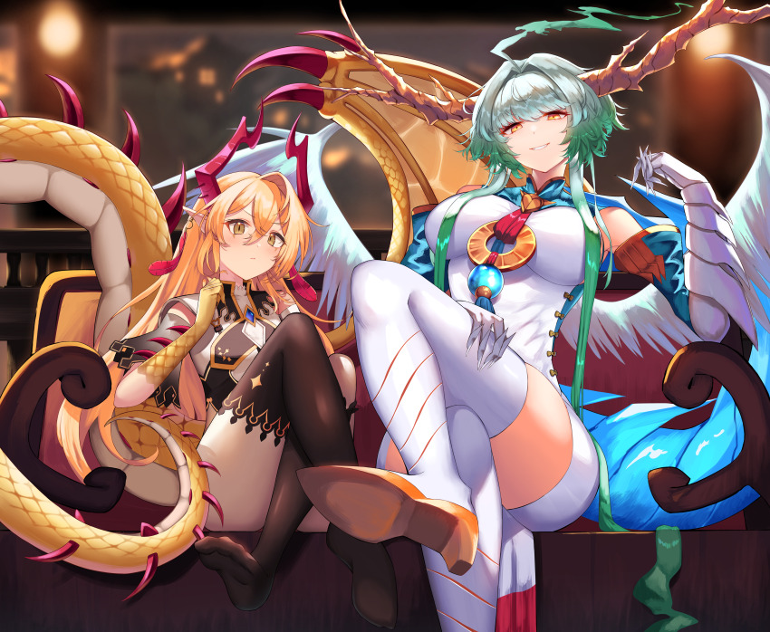 2girls, absurdres, bare_shoulders, black_thighhighs, blonde_hair, blush, breasts, closed_mouth