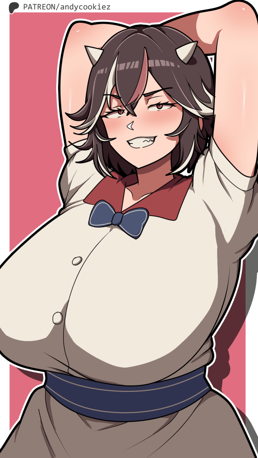 1girl, andycookiez, animated, animated_gif, arms_behind_head, arms_up, black_hair, blush, bouncing_breasts, breasts, cone_horns, dress, fangs, grey_horns, hair_between_eyes, highres, horns, huge_breasts, kijin_seija, looking_at_viewer, multicolored_hair, puffy_sleeves, red_background, red_eyes, red_hair, ribbon, shirt, short_hair, short_sleeves, skirt, small_horns, smile, solo, streaked_hair, touhou, white_dress