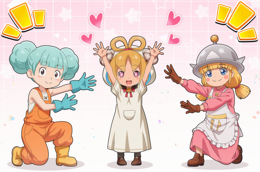 3girls, :d, absurdres, afro_puffs, apron, arms_up, blonde_hair, blue_eyes, blue_gloves, blue_hair, blunt_bangs, boots, brown_boots, brown_gloves, cherry_(fantasy_life), closed_mouth, commentary_request, double_bun, dress, fantasy_life, full_body, gloves, grey_hat, hair_bun, hair_rings, hat, highres, hitokiwa_kenchin, long_hair, long_sleeves, looking_at_viewer, low_twintails, multiple_girls, nommie_(fantasy_life), notice_lines, on_one_knee, open_mouth, orange_overalls, overalls, pink_background, pink_dress, pink_eyes, player_(fantasy_life), short_hair, smile, standing, star_(symbol), twintails, white_apron, white_dress, yellow_boots