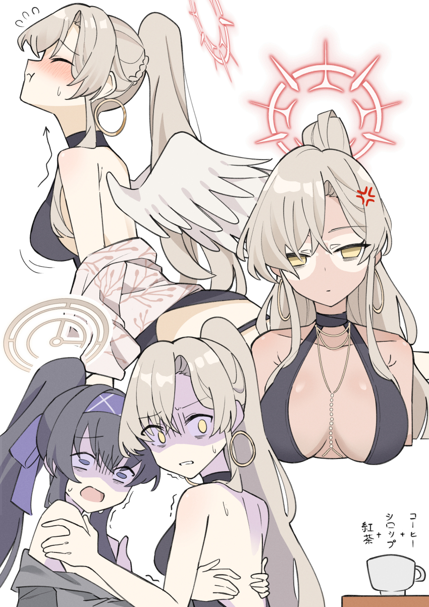 2girls, absurdres, ahti, angel_wings, black_one-piece_swimsuit, blonde_hair, blue_archive, dark_skin