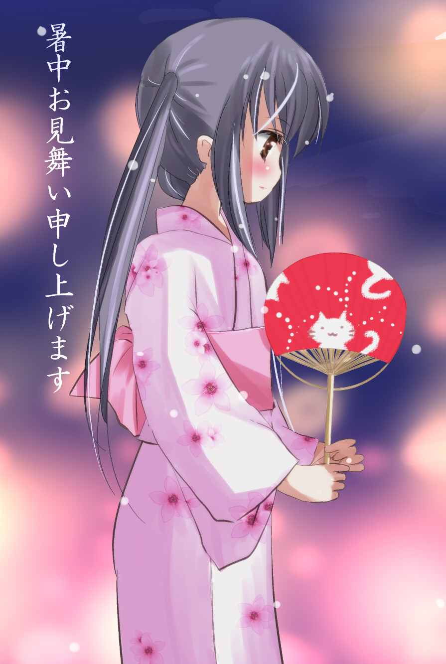 1girl, bad_id, bad_pixiv_id, black_hair, brown_eyes, female_focus, hand_fan, highres