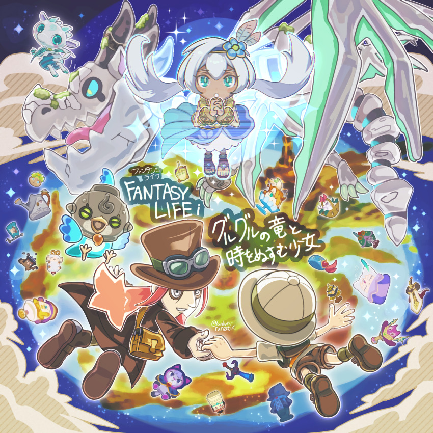 1girl, 2boys, absurdres, allan_(fantasy_life), bird, blue_eyes, blue_flower, bone_dragon_(fantasy_life), brown_bag, brown_coat, brown_hat, coat, colin_(fantasy_life), commentary_request, copyright_name, daemon_(fantasy_life), dark-skinned_female, dark_skin, dragon, duglas_(fantasy_life), edward_(fantasy_life), falling, fantasy_life, fantasy_life_i:_the_girl_who_steals_time, floating_hair, flower, flying, from_above, glenn_(fantasy_life), goggles, goggles_on_headwear, grey_eyes, grey_hair, growler_(fantasy_life), hat, highres, hilda_(fantasy_life), holding_hands, interlocked_fingers, isaac_(fantasy_life), jake_(fantasy_life), klaus_(fantasy_life), kunugi_(fantasy_life), laura_(fantasy_life), leilah_(fantasy_life), long_hair, looking_at_another, looking_at_viewer, mask, monika_(fantasy_life), multiple_boys, mustang_(fantasy_life), objectification, odin_(fantasy_life), open_mouth, own_hands_together, pino_(fantasy_life), player_(fantasy_life), reaching, reaching_towards_another, red_hair, rem_(fantasy_life), runachikku, shea_(fantasy_life), shoe_soles, skeleton, sloane_(fantasy_life), smile, sparkle, stuffed_animal, stuffed_toy, sword, top_hat, translation_request, trip_(fantasy_life), watering_can, weapon