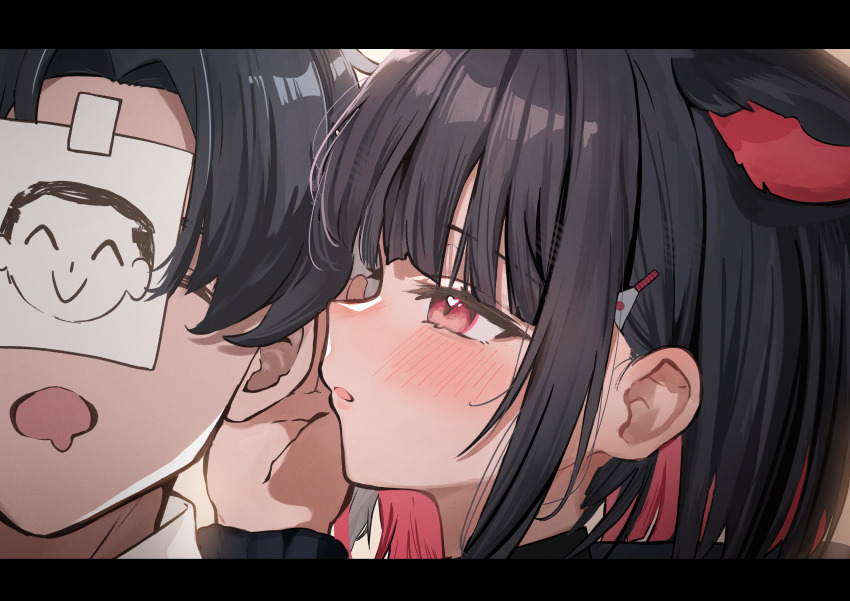 1boy, 1girl, absurdres, animal_ears, black_hair, blue_archive, blush, cat_ears
