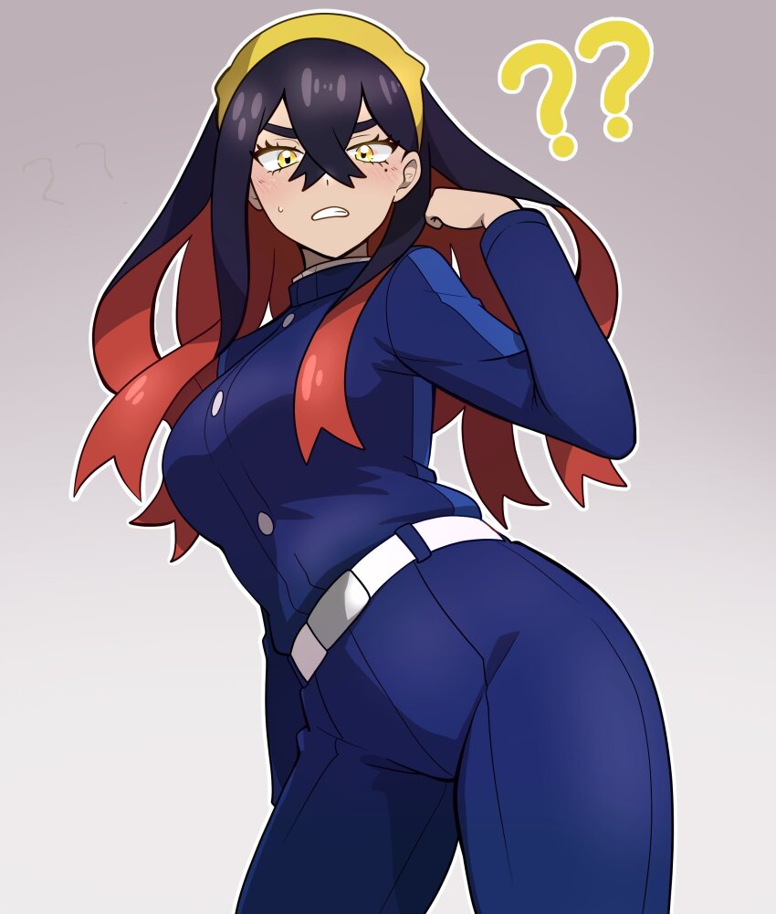 1girl, ?, ??, absurdres, belt, black_hair, blueberry_academy_school_uniform, blush