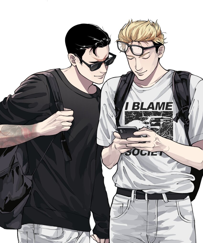 2boys, black-framed_eyewear, black_hair, blonde_hair, cellphone, glasses, highres, holding, holding_phone, kim_joon_goo, looking_at_phone, lookism, male_focus, multicolored_hair, multiple_boys, park_jong-geon, phone, scar, scar_on_face, scar_on_nose, shirt, short_hair, smartphone, smile, t-shirt, two-tone_hair, white_background, white_shirt, zigaziggxl