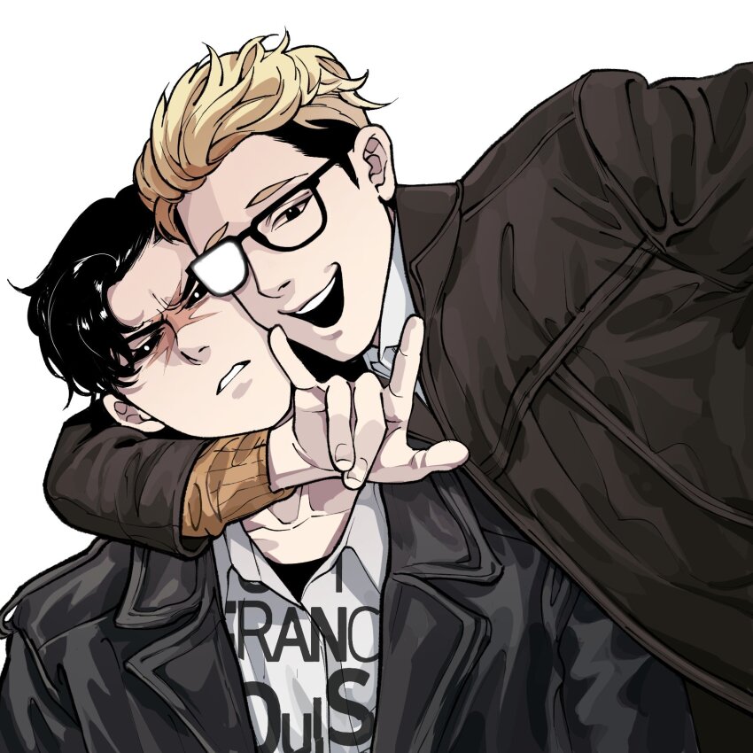 2boys, \n/, black-framed_eyewear, black_hair, black_jacket, blonde_hair, glasses, hand_on_another's_shoulder