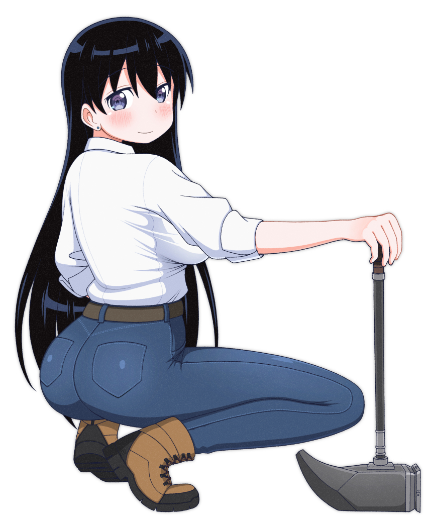 1girl, absurdres, arato_nagi, ass, ass_focus, back, belt, black_hair, blue_eyes, blush, boots, breasts, brown_belt, brown_boots, closed_mouth, collared_shirt, denim, dokadayo, ear_piercing, earrings, eyebrows_hidden_by_hair, full_body, grey_pants, hair_between_eyes, hammer, high-waist_pants, highres, holding, holding_hammer, holding_pickaxe, jeans, jewelry, large_breasts, long_hair, looking_at_viewer, pants, pickaxe, piercing, ruri_no_houseki, shirt, sleeves_rolled_up, smile, solo, squatting, stud_earrings, thighs, tiptoes, very_long_hair, white_background, white_shirt