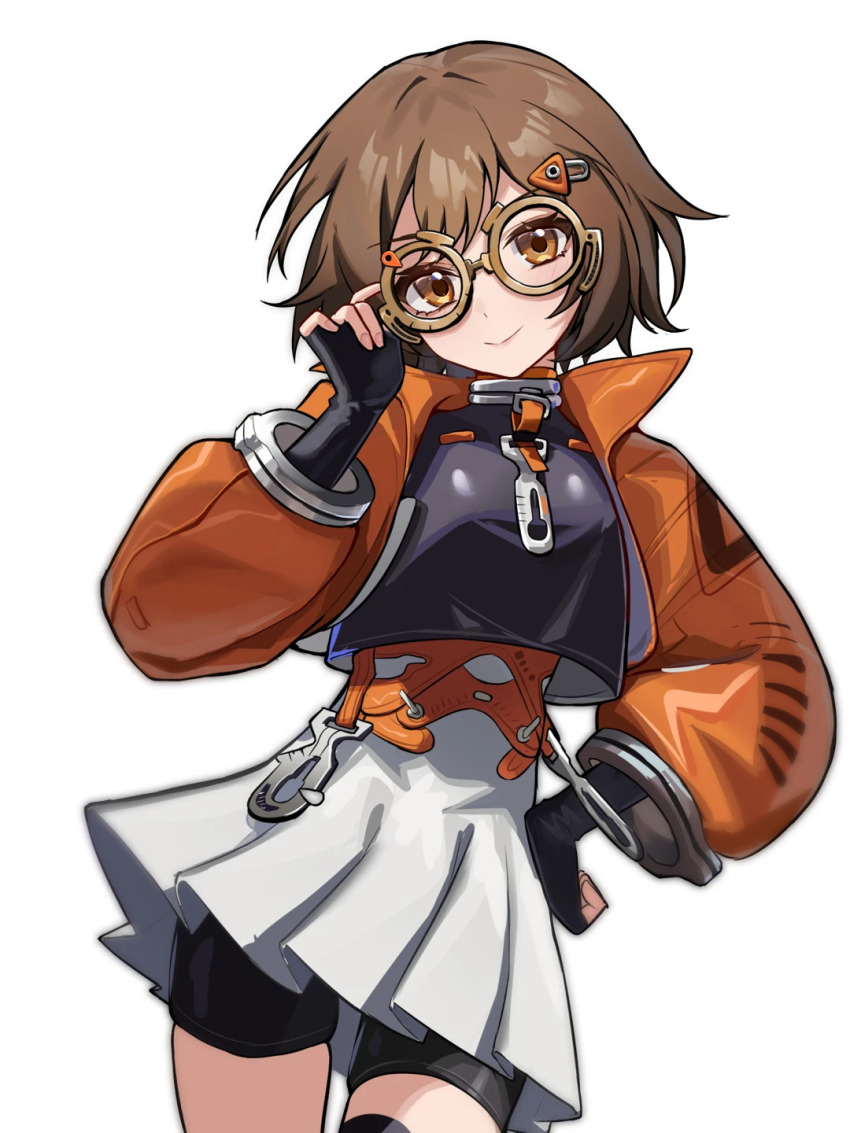 1girl, :/, adjusting_eyewear, amamiyayk, bike_shorts, black_gloves, black_shirt, black_shorts