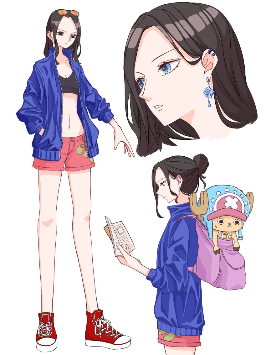 02mikan, 1girl, antlers, bag, black_hair, blue_eyes, blue_jacket, book