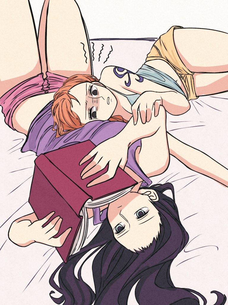 02mikan, 2girls, arm_tattoo, black_hair, blue_camisole, book, camisole, closed_mouth