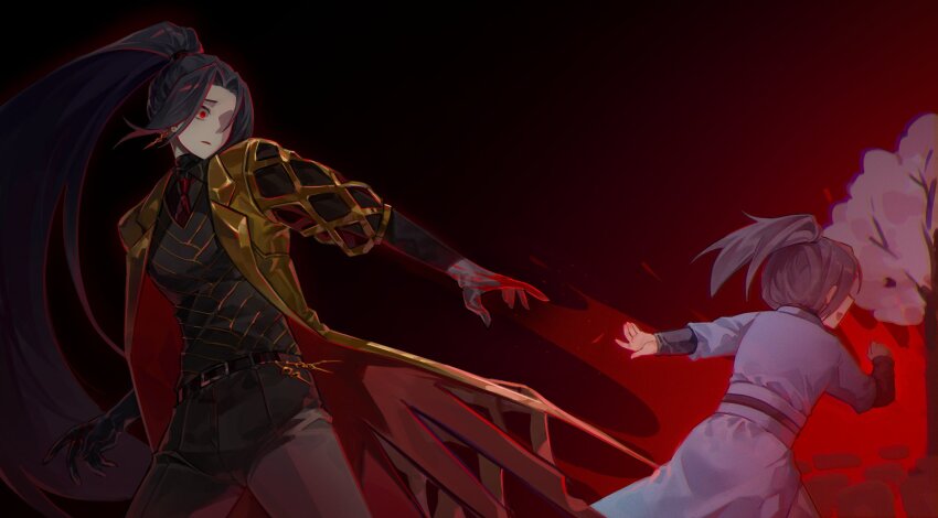 2boys, :d, arm_up, black_hair, black_shirt, blue_hanfu, cherry_tree, chinese_clothes, coat, collared_shirt, contempt_awe_(e.g.o), cowboy_shot, daguanyuan's_jia_huan_(project_moon), e.g.o_(project_moon), facing_away, hanfu, high_ponytail, highres, jia_huan_(project_moon), limbus_company, multiple_boys, necktie, official_alternate_costume, open_mouth, ponytail, project_moon, ranya_(artiraia), reaching, reaching_towards_another, red_eyes, red_necktie, running, shirt, smile, worried, yellow_coat