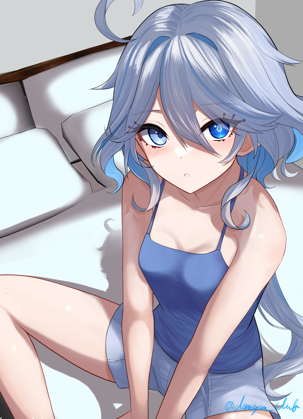 1girl, ahoge, bare_arms, bare_legs, bedroom, between_legs, blue_eyes, blue_hair