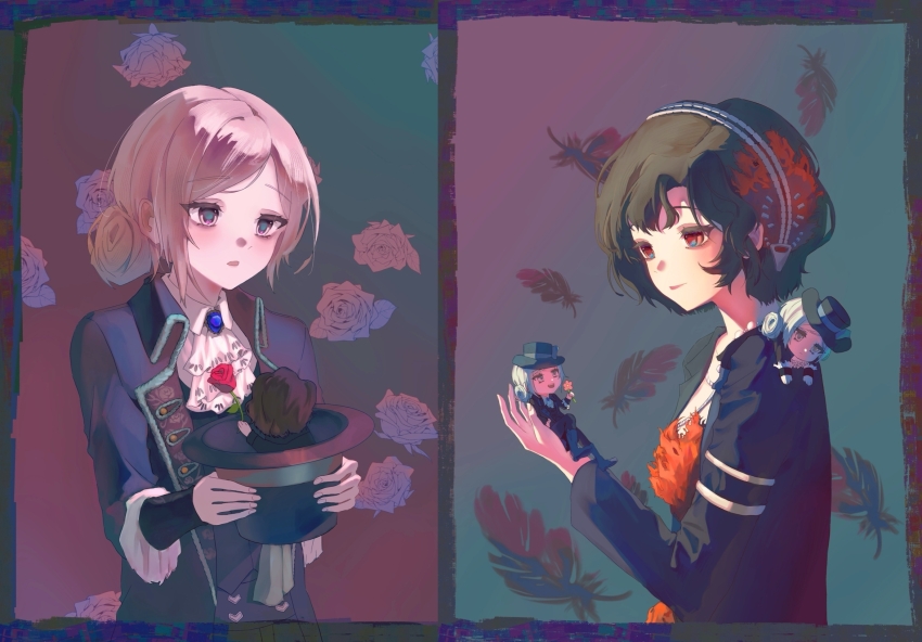 4girls, aqua_background, ascot, black_coat, black_hair, black_hat, blonde_hair, blue_jacket