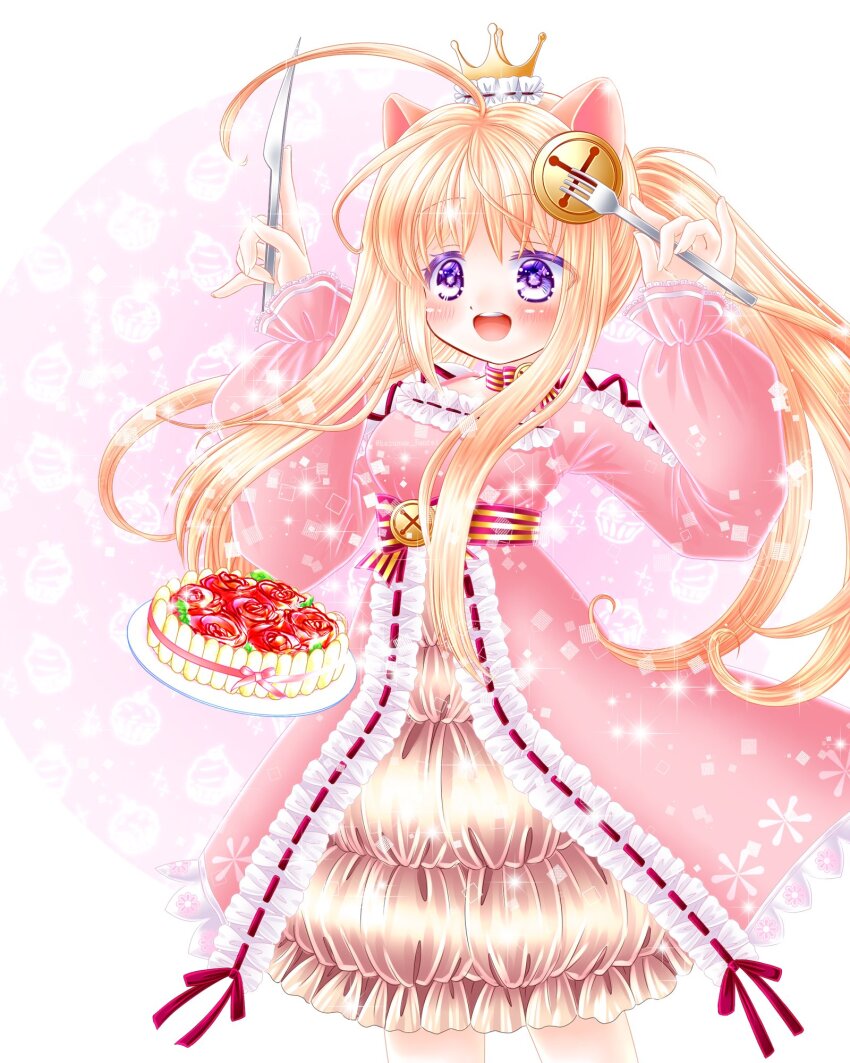 1girl, ahoge, animal_ears, balloonpig_alma, blonde_hair, crown, dress, emil_chronicle_online, food, fork, frilled_dress, frills, hair_ornament, highres, holding, holding_fork, holding_knife, kazunue_junrei, knife, long_hair, open_mouth, pig_ears, pig_girl, pink_dress, ponytail, purple_eyes