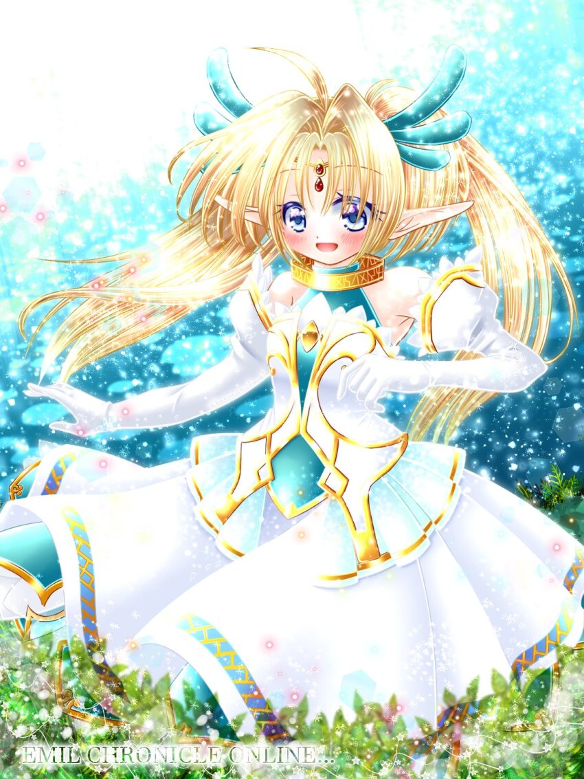 1girl, ahoge, bare_shoulders, blonde_hair, blue_eyes, breasts, collar, dress