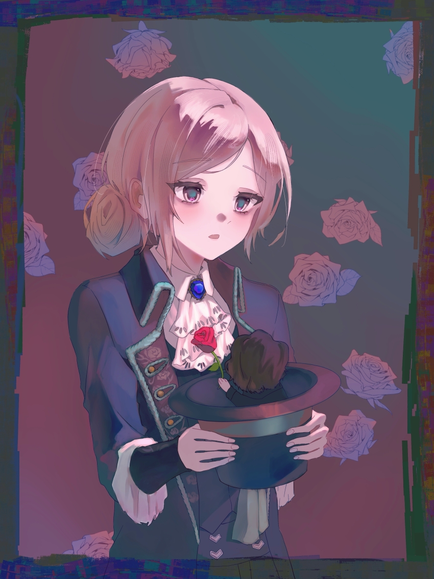 2girls, absurdres, aqua_background, ascot, black_border, black_coat, black_hat, black_vest