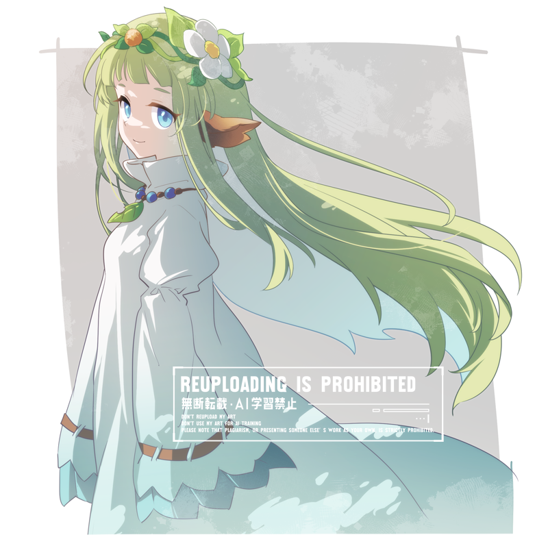 1girl, animal_ears, blue_eyes, blunt_bangs, closed_mouth, commentary_request, cota, cowboy_shot, dress, fantasy_life, fantasy_life_i:_the_girl_who_steals_time, flower, green_hair, grey_background, hair_flower, hair_ornament, jewelry, leaf, leilah_(fantasy_life), long_hair, long_sleeves, looking_at_viewer, necklace, puffy_sleeves, sleeves_past_fingers, sleeves_past_wrists, smile, solo, standing, white_dress, white_flower