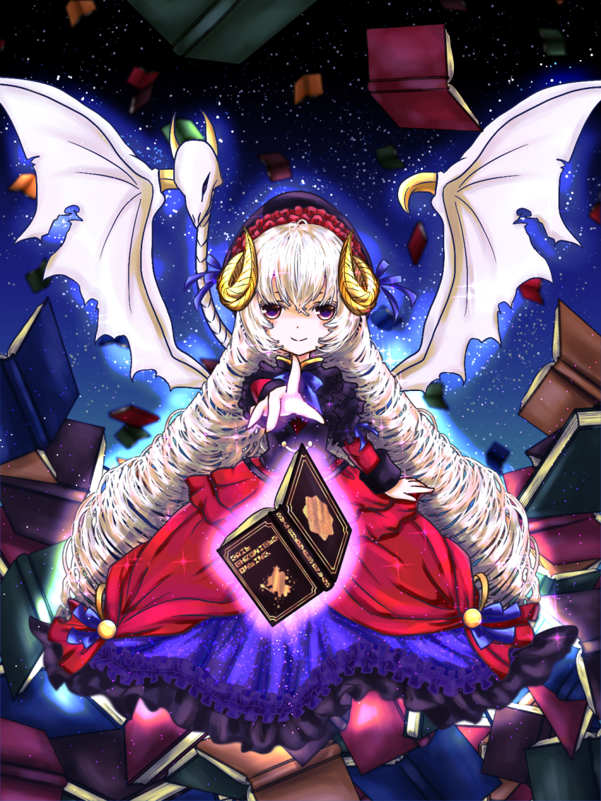 1girl, blue_dress, book, demon_girl, demon_horns, demon_wings, dress, drill_hair