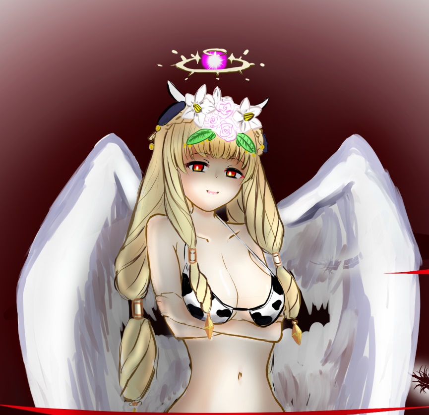 1girl, angel_wings, animal_print, artist_name, barefoot, blonde_hair, breasts, chaos_therese_(grimms_notes)