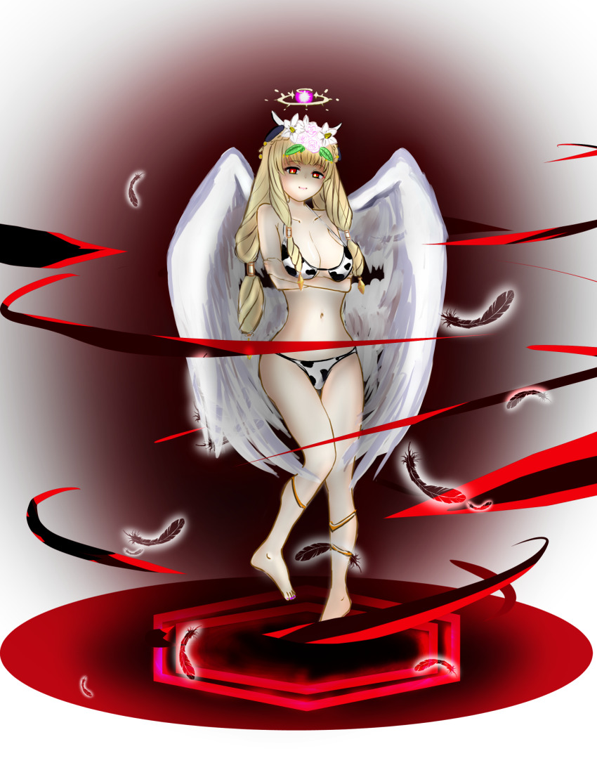 1girl, angel_wings, animal_print, artist_name, artistic_error, barefoot, blonde_hair, breasts