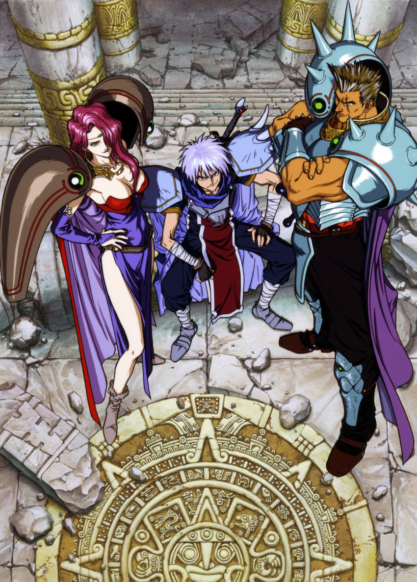 1990s_(style), 1girl, 2boys, armor, armored_boots, bami_(ys), bandaged_leg, bandages, blue_cape, boots, bracer, breastplate, breasts, bridal_gauntlets, brown_hair, cape, cleavage, crossed_arms, fantasy, fingerless_gloves, from_above, gadis_(ys), gloves, grey_hair, gruda_(ys), hair_over_one_eye, hand_on_own_hip, highres, houtani_yukitoshi, large_breasts, long_hair, looking_at_viewer, multiple_boys, non-web_source, official_art, pauldrons, pelvic_curtain, pillar, purple_cape, red_hair, retro_artstyle, ruins, sheath, sheathed, short_hair, shoulder_armor, sitting, smile, spiked_pauldrons, standing, sword, weapon, ys, ys_iv_dawn_of_ys