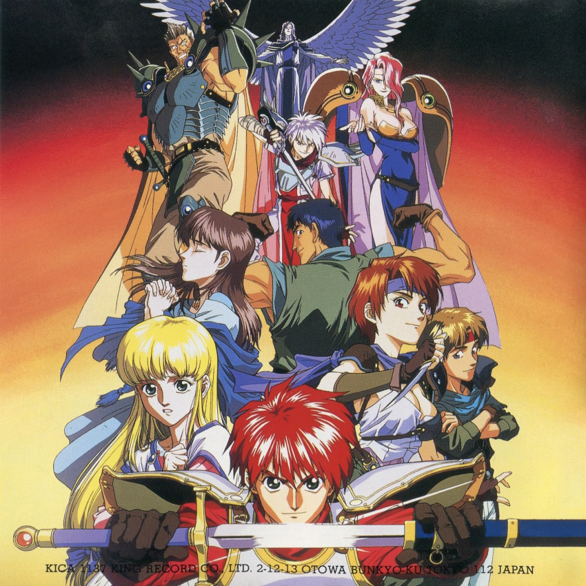 1990s_(style), 4girls, 6+boys, adol_christin, armor, arms_up, back, bami_(ys), black_eyes, black_hair, blonde_hair, blue_eyes, breastplate, breasts, bridal_gauntlets, brown_gloves, brown_hair, cape, cleavage, company_name, crossed_arms, dress, eldeel_(ys), feathered_wings, fingerless_gloves, flexing, gadis_(ys), gloves, grin, gruda_(ys), hair_over_one_eye, headband, highres, holding, holding_knife, houtani_yukitoshi, karna_(ys), knife, large_breasts, leeza_(ys), lilia_(ys), long_hair, looking_at_viewer, looking_back, medium_breasts, multiple_boys, multiple_girls, muscular, muscular_male, non-web_source, official_art, outstretched_arms, own_hands_together, parted_lips, pauldrons, pink_hair, praying, red_eyes, red_hair, renmos, retro_artstyle, reverse_grip, scan, scar, scar_across_eye, scar_on_face, sheath, short_hair, shoulder_armor, smile, spiked_pauldrons, spikes, spread_arms, spread_wings, unsheathing, white_hair, wings, ys, ys_iv_dawn_of_ys