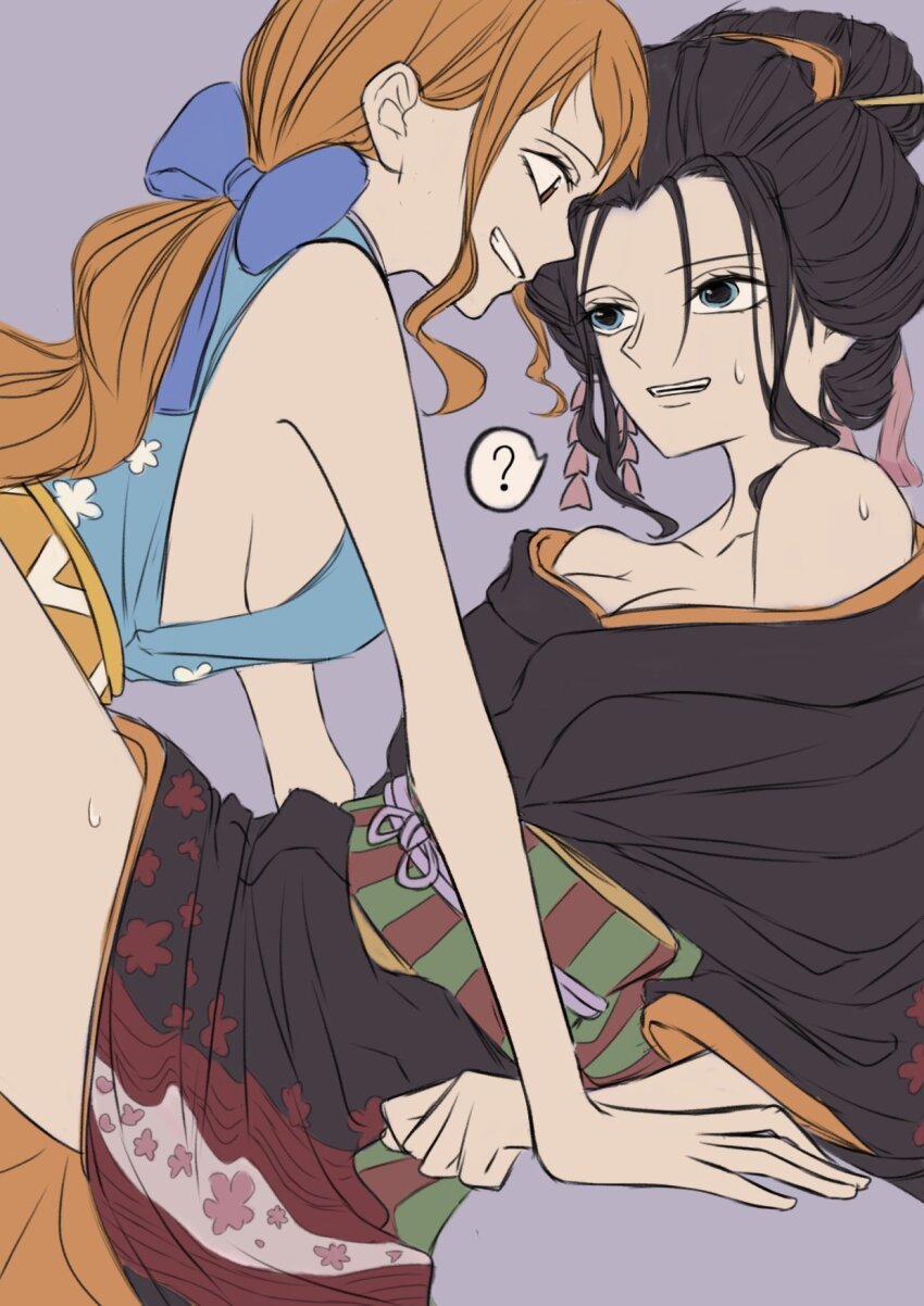 02mikan, 2girls, ?, bare_shoulders, black_hair, black_kimono, blue_bow, blue_eyes