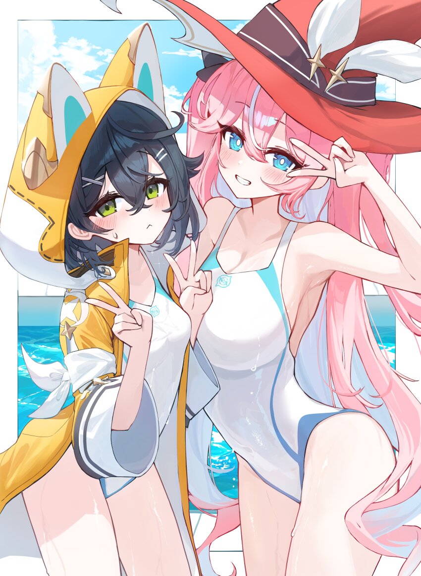 2girls, absurdres, animal_ear_headwear, bare_arms, bare_shoulders, black_hair, blue_eyes, blue_hair