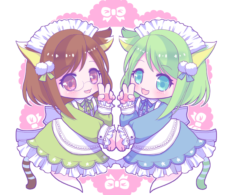 2girls, animal_ears, apron, blue_dress, brown_eyes, brown_hair, cat_ears, cat_girl