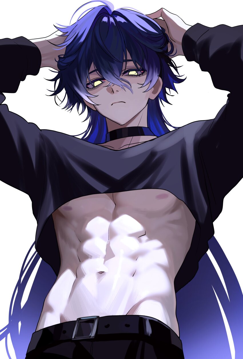 1boy, abs, absurdres, ahoge, alternate_costume, antenna_hair, arms_up, bags_under_eyes