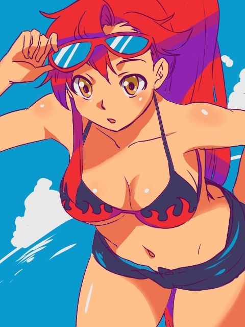 00s, 1girl, bikini, bikini_top_only, breasts, cleavage, female_focus, hisui_(paingumi), midriff, navel, ponytail, red_hair, short_shorts, shorts, solo, sunglasses, sunglasses_on_head, swimsuit, tengen_toppa_gurren_lagann, yellow_eyes, yoko_littner