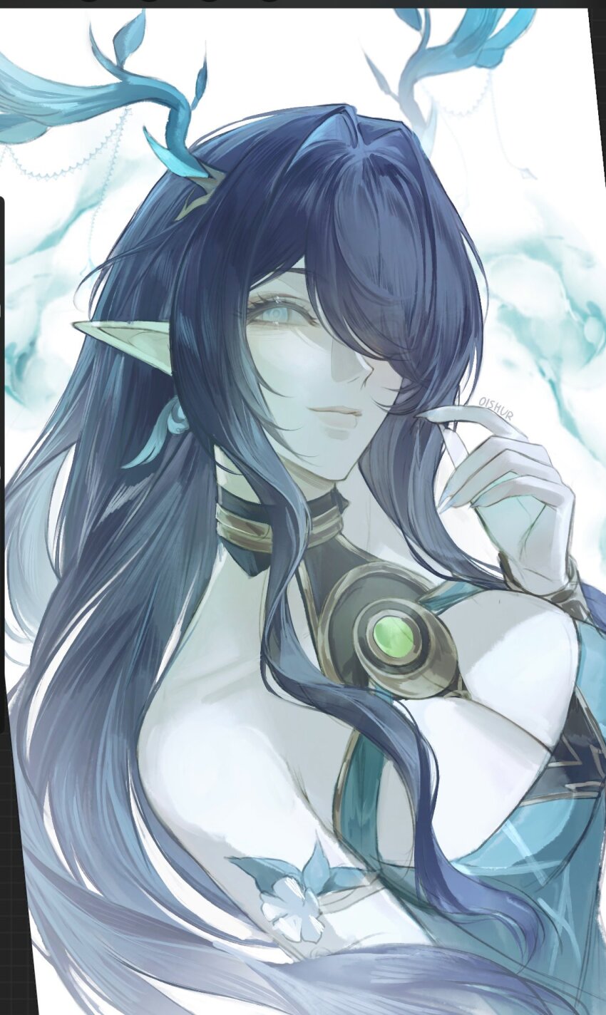 0ishur, 1girl, antlers, aqua_eyes, armlet, blue_dress, bracelet, breasts