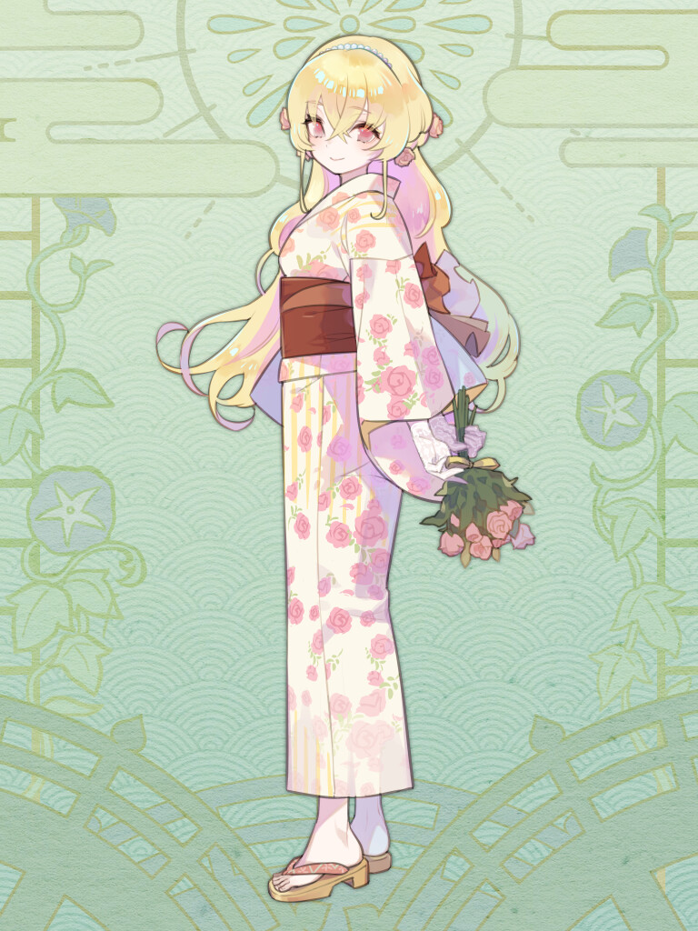 1girl, arms_behind_back, blonde_hair, bouquet, dairoku_ryouhei, flower, full_body, gloves, green_background, hair_between_eyes, holding, holding_bouquet, japanese_clothes, kimono, long_hair, looking_at_viewer, obi, omuneko_(tw), pale_skin, pink_eyes, rosalia_mellemur, sandals, sash, smile, solo, standing, white_gloves