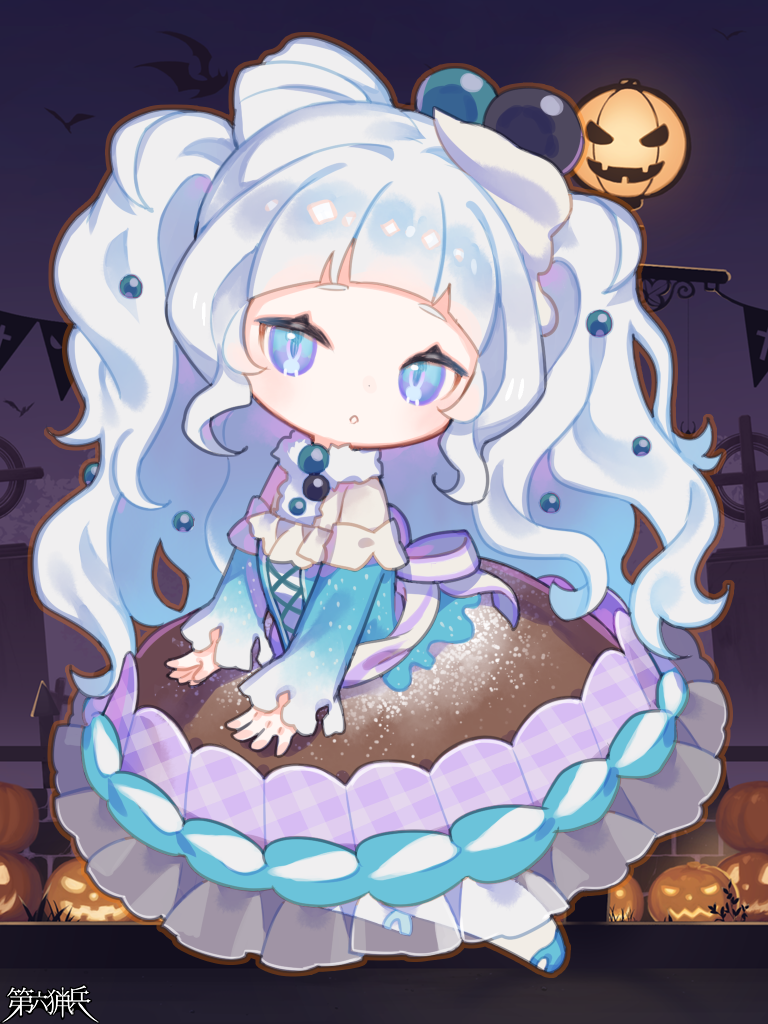 1girl, amelie_helville, beads, blue_eyes, breasts, chibi, copyright_name, dairoku_ryouhei