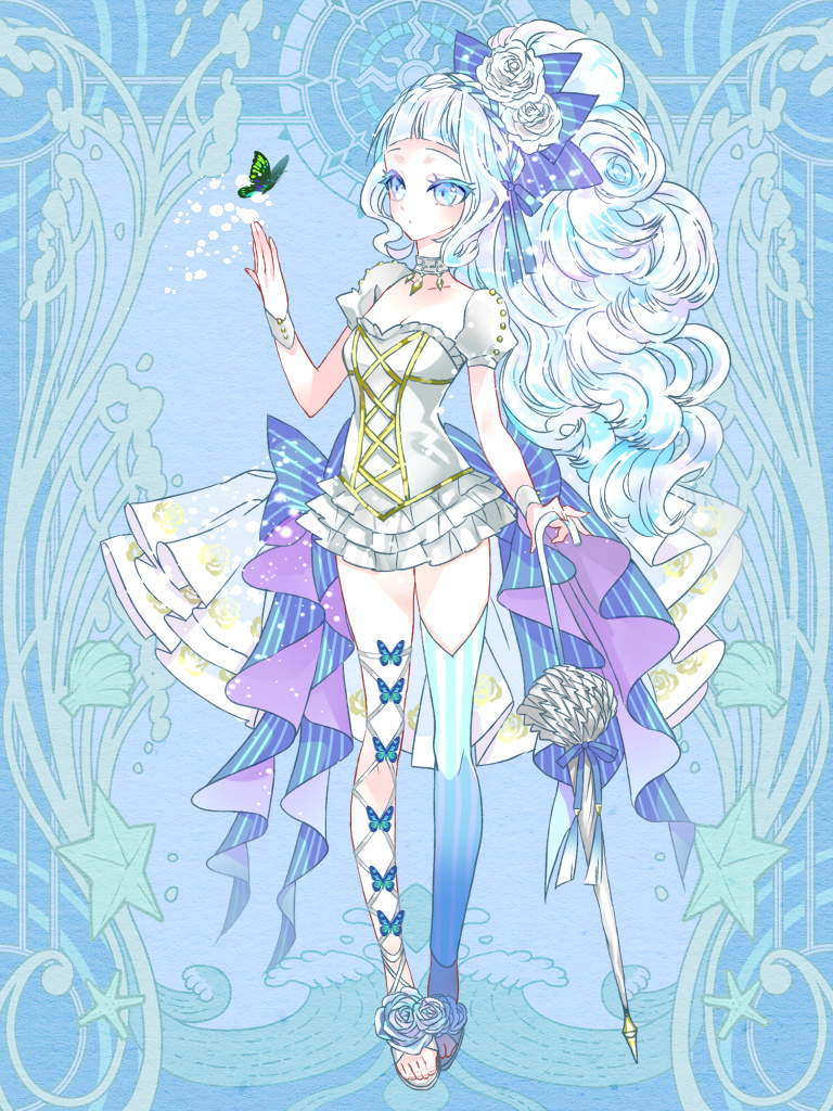 1girl, amelie_helville, asymmetrical_legwear, blue_background, blue_eyes, bow, breasts, bug, butterfly, closed_umbrella, dairoku_ryouhei, dress, erica_(tw), flower, green_butterfly, hair_bow, hair_flower, hair_ornament, hand_up, holding, holding_umbrella, insect, long_hair, looking_at_animal, mismatched_legwear, puffy_short_sleeves, puffy_sleeves, sandals, short_sleeves, sideloccks, small_breasts, solo, thighhighs, umbrella, very_long_hair, wavy_hair, white_dress, white_hair