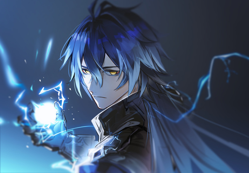 1boy, absurdres, black_coat, black_gloves, blue_background, blue_hair, closed_mouth, coat