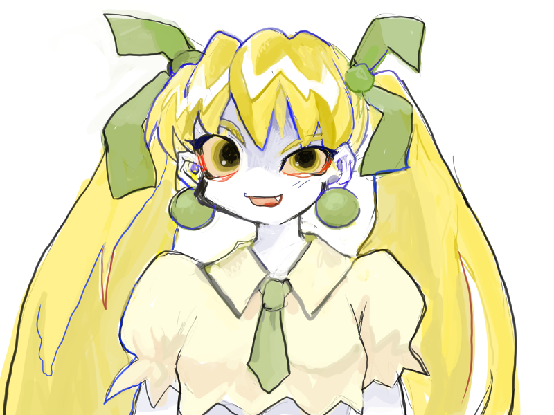 8eyes, blonde_hair, colored_skin, commentary, earrings, fang, green_necktie, hair_ribbon