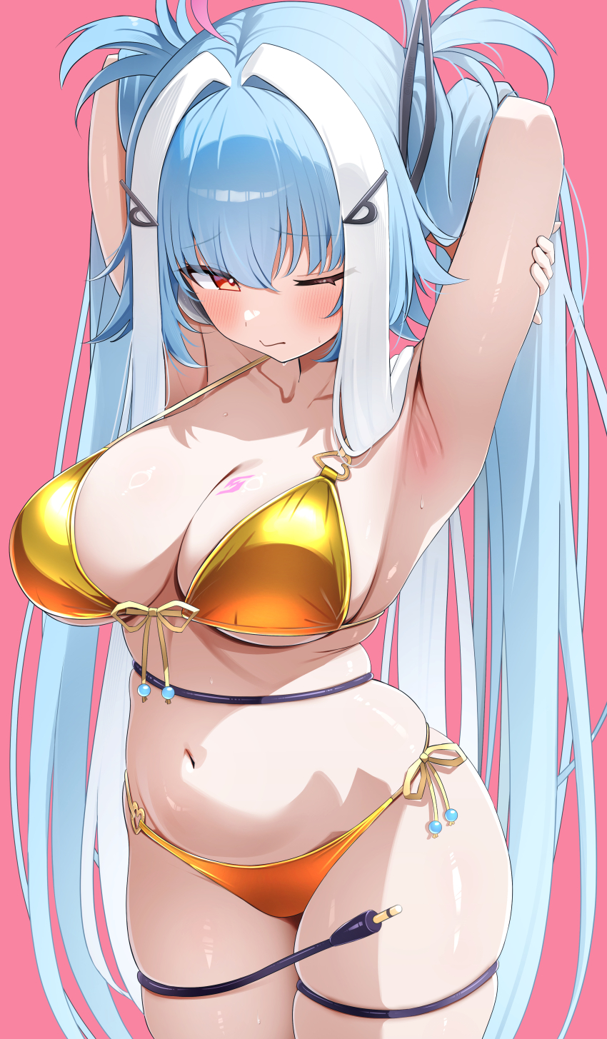 1girl, absurdres, armpits, arms_behind_head, audio_jack_tail, bemani, bikini, blue_hair