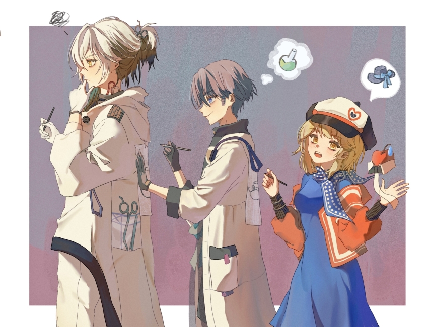 1boy, 1girl, 1other, androgynous, annoyed, apple, apple_(reverse:1999), bandaid