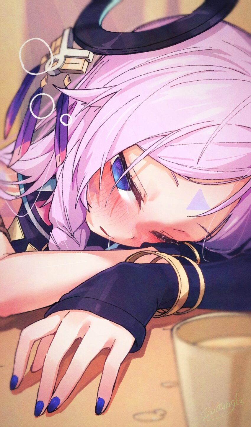 1girl, bangle, blue_eyes, blush, bracelet, braid, citlali_(genshin_impact), cup