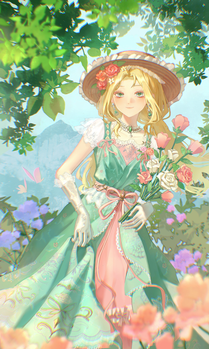 1girl, absurdres, bead_necklace, beads, blonde_hair, blue_sky, bouquet, brown_hat
