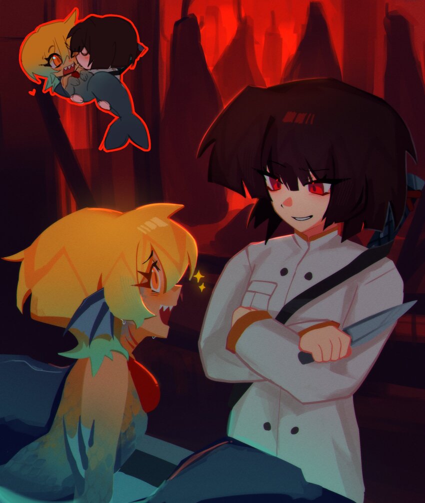 2girls, absurdres, black_hair, blonde_hair, chibi, chibi_inset, don_quixote_(project_moon), e.g.o_(project_moon)