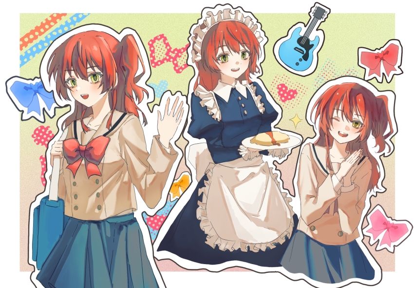 1girl, alternate_costume, apron, aqua_skirt, back_bow, bag, black_dress, blue_bag, blue_bow, bocchi_the_rock!, border, bow, bowtie, brown_sailor_collar, brown_shirt, buttons, collarbone, collared_dress, cropped_legs, dress, enmaided, eyelashes, food, frilled_apron, frilled_sleeves, frills, gradient_background, green_background, green_eyes, guitar, hair_between_eyes, halftone, happy, heart, highres, holding, holding_bag, holding_plate, instrument, juliet_sleeves, kita_ikuyo, layered_sleeves, long_hair, long_sleeves, loose_hair_strand, maid, maid_headdress, medium_dress, miniskirt, mokara, multiple_views, omelet, omurice, one_eye_closed, one_side_up, outline, outside_border, own_hands_together, pink_background, plate, pleated_skirt, puffy_sleeves, red_bow, red_bowtie, red_hair, sailor_collar, school_bag, school_uniform, shirt, shuka_high_school_uniform, skirt, sparkle, wavy_hair, white_apron, white_border, white_bow, white_outline