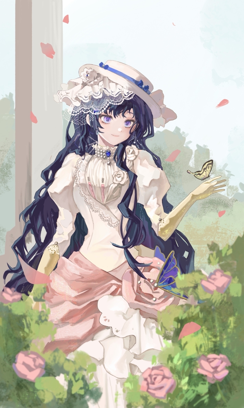 1girl, absurdres, black_hair, blue_bow, blue_sky, bow, bug, bush, butterfly, butterfly_on_hand, chinese_commentary, closed_mouth, commentary_request, cowboy_shot, day, dress, elbow_gloves, falling_petals, flower, frilled_dress, frills, garden, gloves, happy, hat, hat_bow, highres, insect, isolde_(reverse:1999), lace-trimmed_veil, lace_trim, light_blush, lips, long_dress, long_hair, long_sidelocks, looking_at_animal, mokara, outdoors, petals, pink_flower, pink_lips, pink_rose, puffy_short_sleeves, puffy_sleeves, purple_eyes, reverse:1999, rose, rose_petals, short_sleeves, sidelocks, single_sidelock, sky, smile, solo, standing, tree, veil, very_long_hair, wavy_hair, white_bow, white_dress, white_hat, white_veil, yellow_butterfly, yellow_gloves