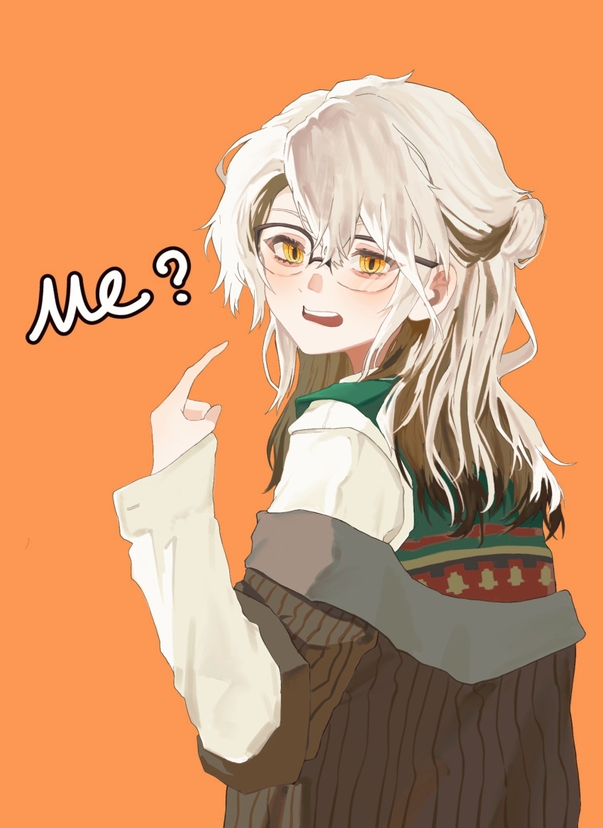 1other, androgynous, black-framed_eyewear, black_coat, brown_hair, chinese_commentary, coat, coat_partially_removed, collared_coat, colored_inner_hair, commentary_request, confused, dot_nose, english_text, eyelashes, from_behind, glasses, green_vest, hair_between_eyes, hair_bun, highres, layered_sleeves, light_blush, long_hair, long_sleeves, looking_at_viewer, looking_back, medicine_pocket, medicine_pocket_(the_cosmos_photographer), mokara, multicolored_hair, official_alternate_costume, open_clothes, open_coat, open_mouth, orange_background, other_focus, pinstripe_coat, pointing, pointing_at_self, pointing_at_viewer, red_vest, reverse:1999, shirt, simple_background, single_side_bun, sleeves_past_wrists, solo, streaked_hair, sweater_vest, teeth, two-tone_hair, two-tone_vest, upper_body, upper_teeth_only, vest, wavy_hair, white_hair, white_shirt, yellow_eyes