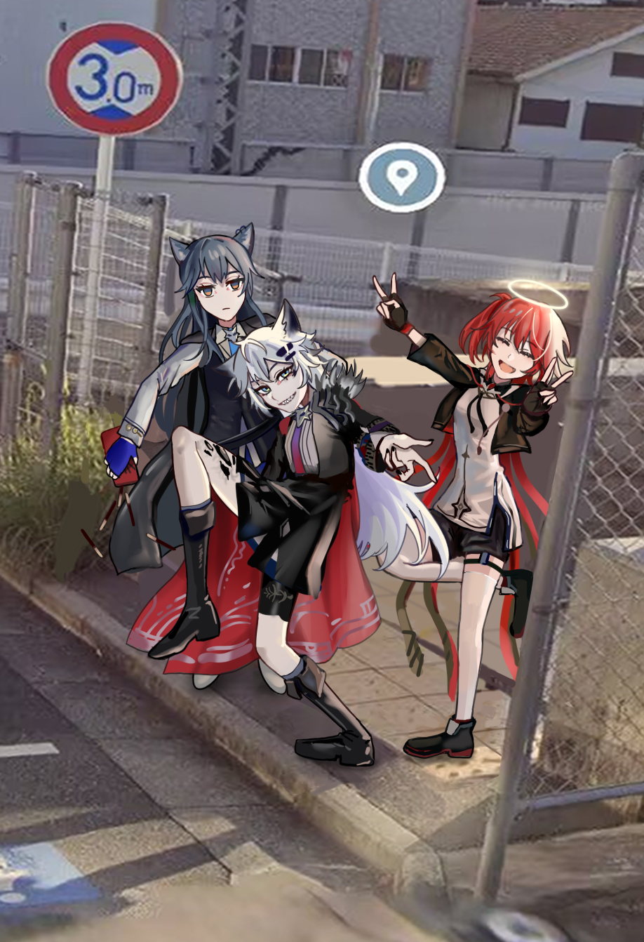 3girls, animal_ears, arknights, black_gloves, black_jacket, black_vest, blue_gloves, blue_necktie