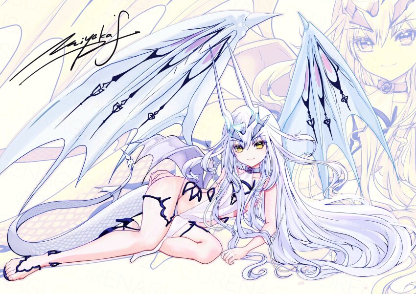 1girl, dragon_horns, dragon_tail, dragon_wings, fate/grand_order, fate_(series), high_heels, highres, horns, long_hair, lying, melusine_(fate), melusine_(swimsuit_ruler)_(fate), melusine_(swimsuit_ruler)_(second_ascension)_(fate), miyaka_(58305841), on_side, signature, tail, white_hair, wings, yellow_eyes