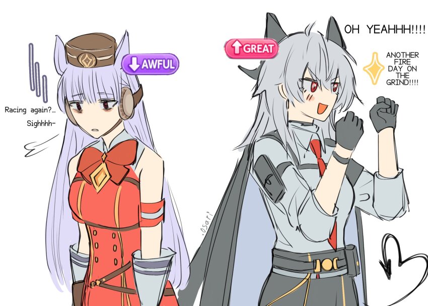 .osari, 2girls, animal_ears, arm_pouch, armband, bags_under_eyes, black_gloves, black_horns, black_jacket, black_pants, black_tail, breasts, buttons, clenched_hands, collared_shirt, commentary, crossover, curled_horns, demon_tail, double-breasted, dress, english_text, gloves, gold_ship_(red_strife)_(umamusume), gold_ship_(umamusume), grey_hair, grey_shirt, hands_up, headphones, highres, horns, horse_ears, horse_girl, jacket, jacket_on_shoulders, long_hair, medium_breasts, multiple_girls, necktie, open_mouth, out_of_character, pants, personality_switch, pink_eyes, pouch, red_dress, red_eyes, red_necktie, shirt, shirt_tucked_in, sigh, smile, status_effect, untranslatable_commentary, tail, ueda_hitomi, umamusume, voice_actor_connection, white_gloves, wuthering_waves, zani_(wuthering_waves)