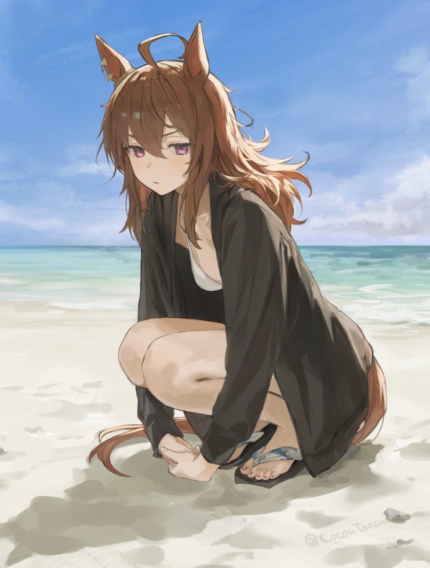 1girl, absurdres, ahoge, animal_ears, beach, bikini, black_jacket, blue_sky